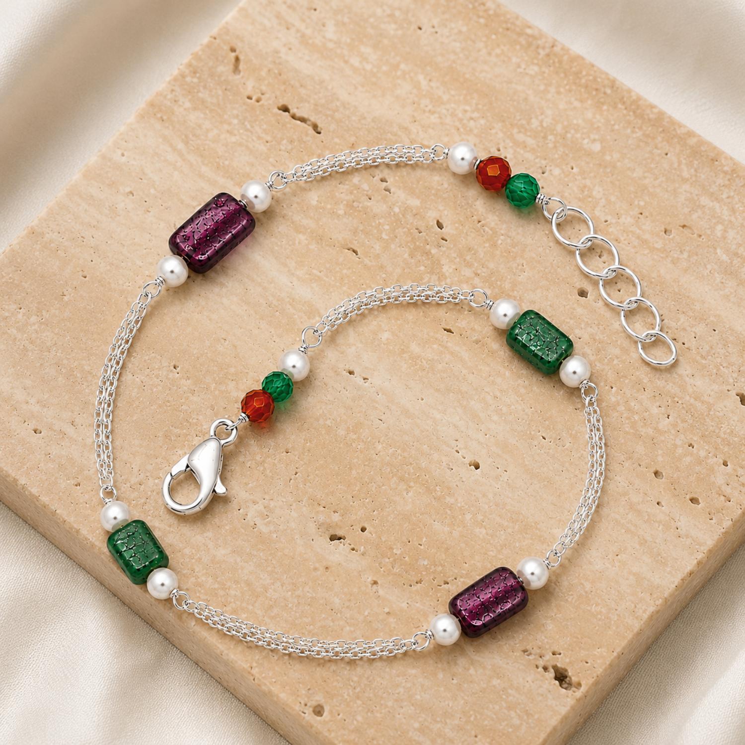 925 Sterling Silver Multi-Color Glass Bead Station Bracelet – 925 Sterling Silver