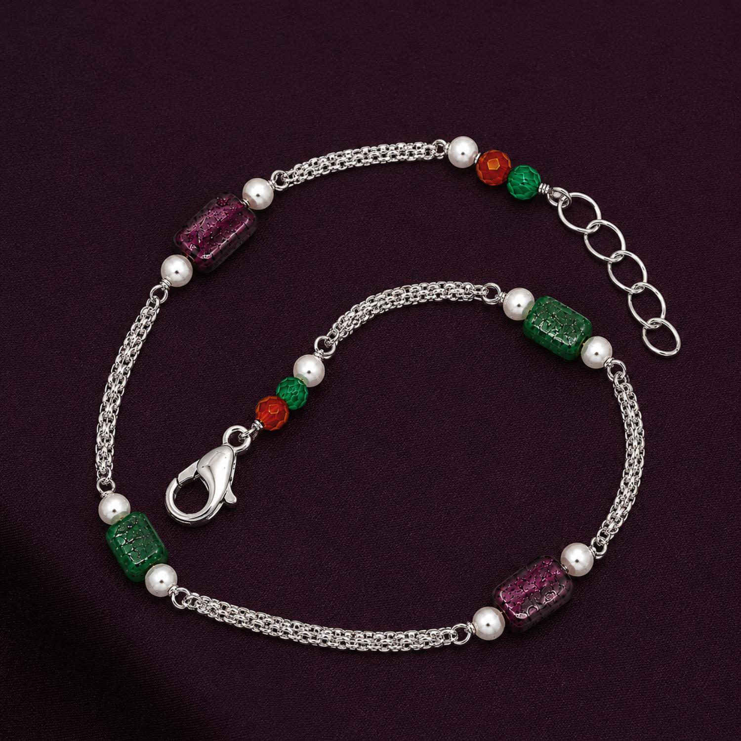 925 Sterling Silver Multi-Color Glass Bead Station Bracelet – 925 Sterling Silver