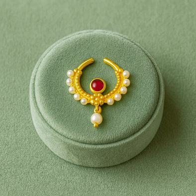 Red CZ & Pearl Crescent Design Septum Nose Pin – Sterling Silver Gold Plated