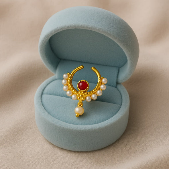 Red CZ & Pearl Crescent Design Septum Nose Pin – Sterling Silver Gold Plated