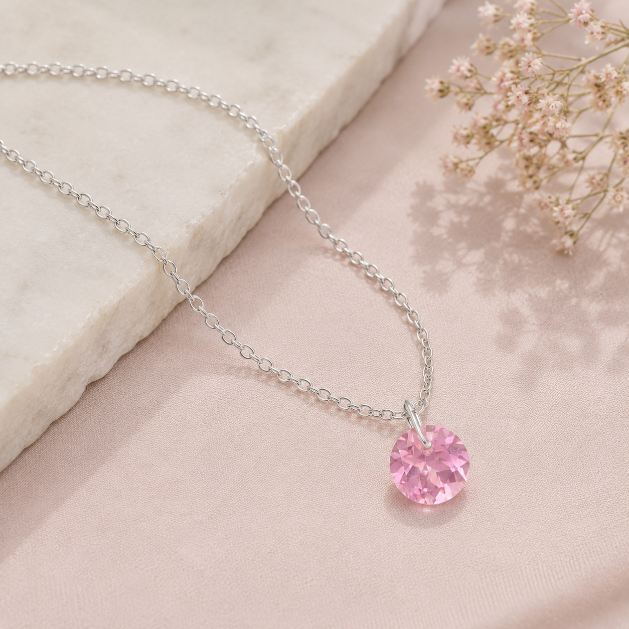 Round Pink CZ Solitaire Pendant Pendant Necklace - 925 Sterling Silver