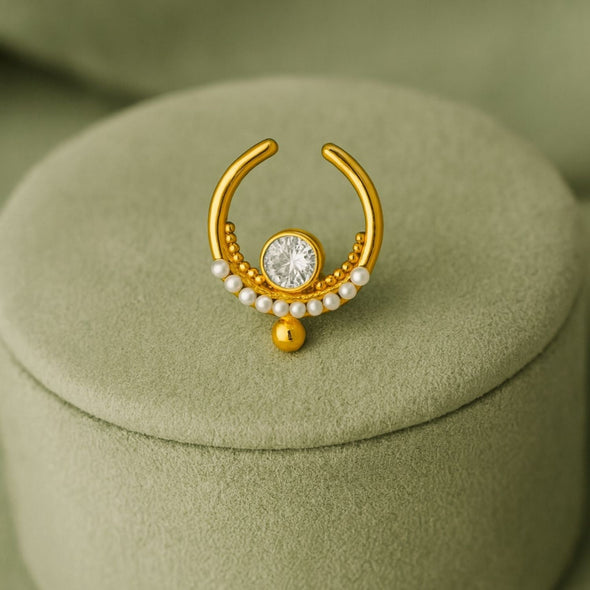 White CZ & Pearl Crescent Design Septum Nose Pin – Sterling Silver Gold Plated