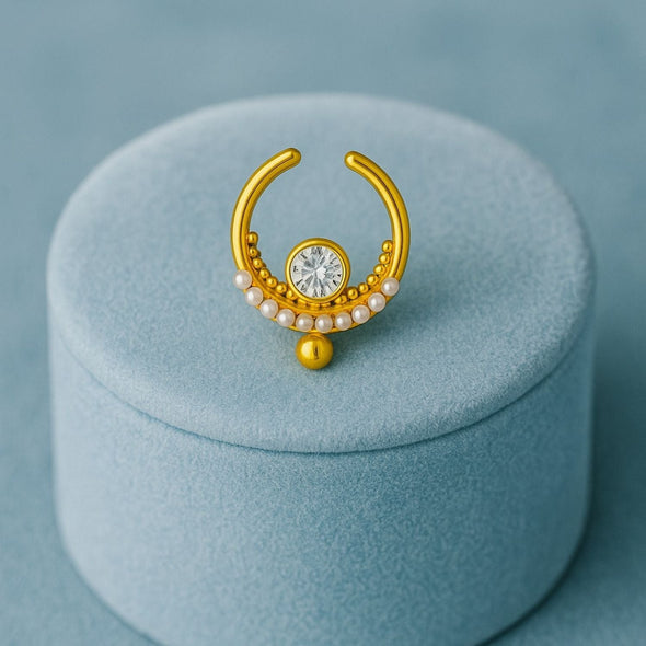 White CZ & Pearl Crescent Design Septum Nose Pin – Sterling Silver Gold Plated