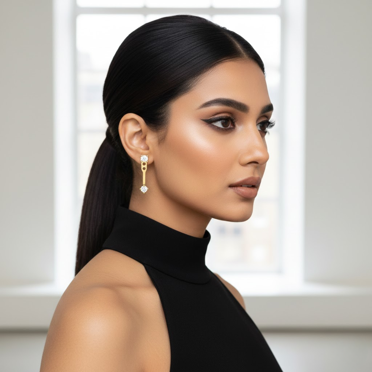 Double Diamond Bar Stud Earrings – Sterling Silver Gold Plated