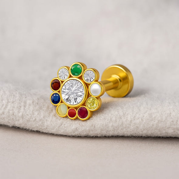 Navratna Floral Round Multigem Nose Pin – Sterling Silver Gold Plated