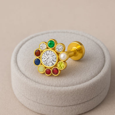 Navratna Floral Round Multigem Nose Pin – Sterling Silver Gold Plated