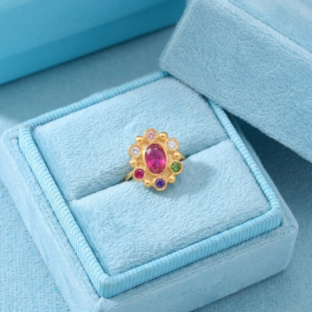 Multi Stone Oval Center Halo Floral Nose Pin – Gold Plated 925 Sterling Silver