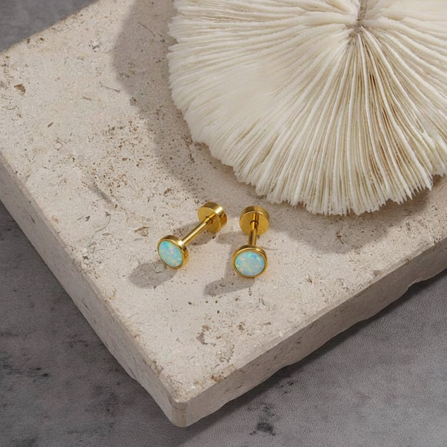 Opal Round Screw-Back Stud Earrings – Sterling Silver Gold Plated