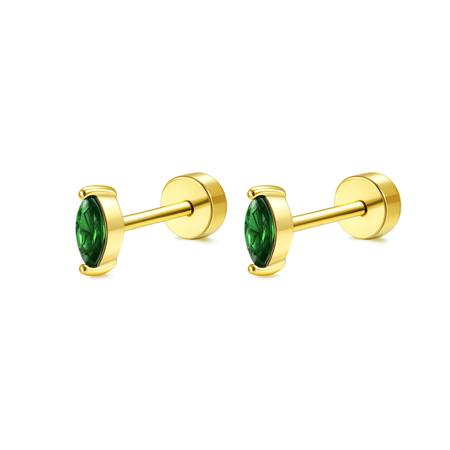 Marquise Green Gem Screw-Back Stud Earrings – Sterling Silver Gold Plated