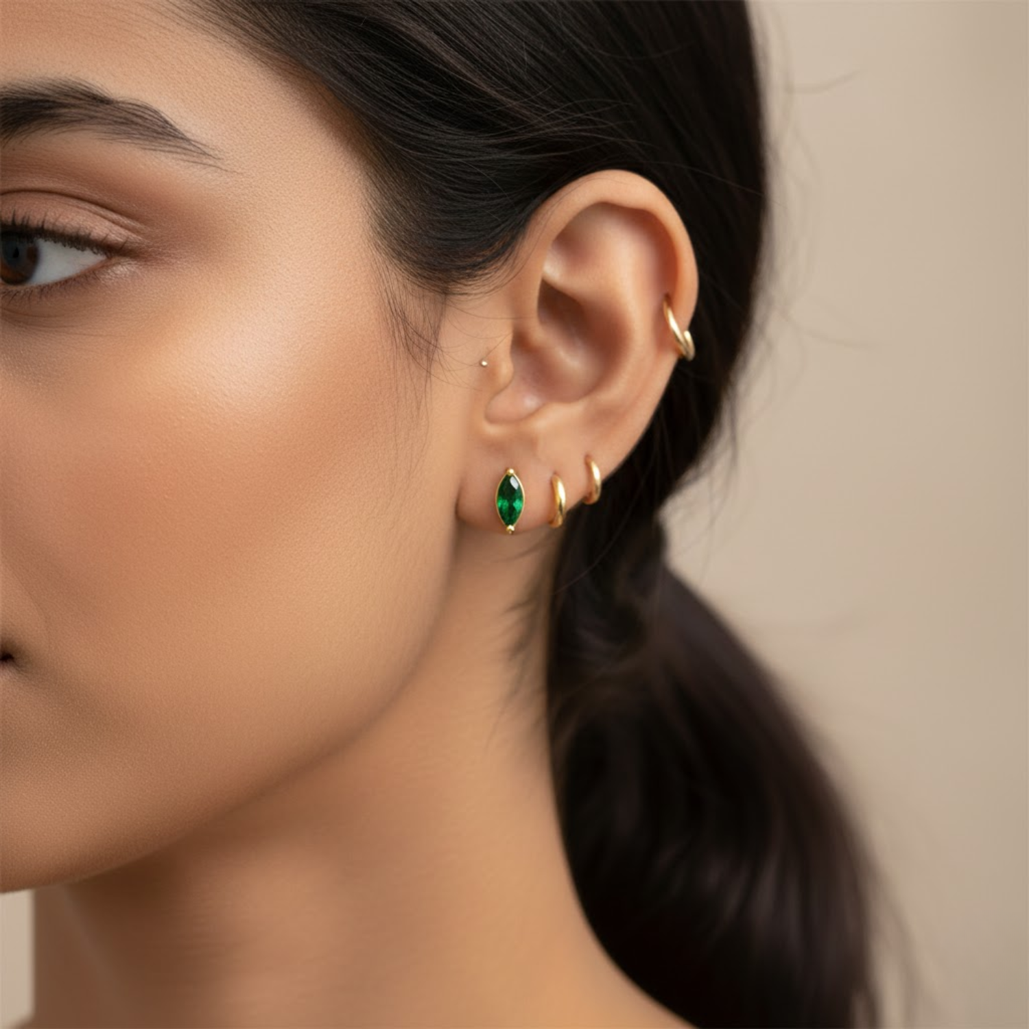 Marquise Green Gem Screw-Back Stud Earrings – Sterling Silver Gold Plated