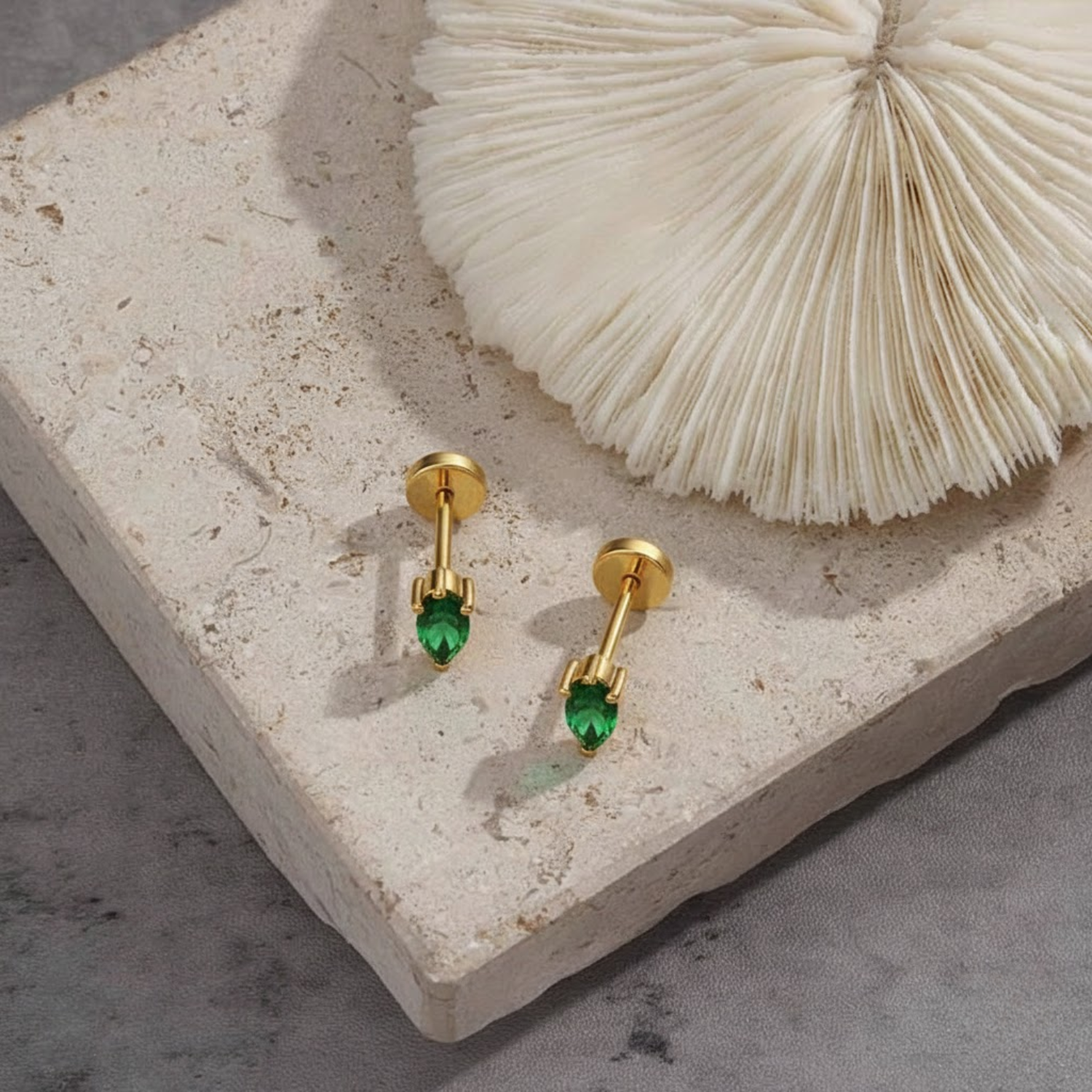 Marquise Green Gem Screw-Back Stud Earrings – Sterling Silver Gold Plated