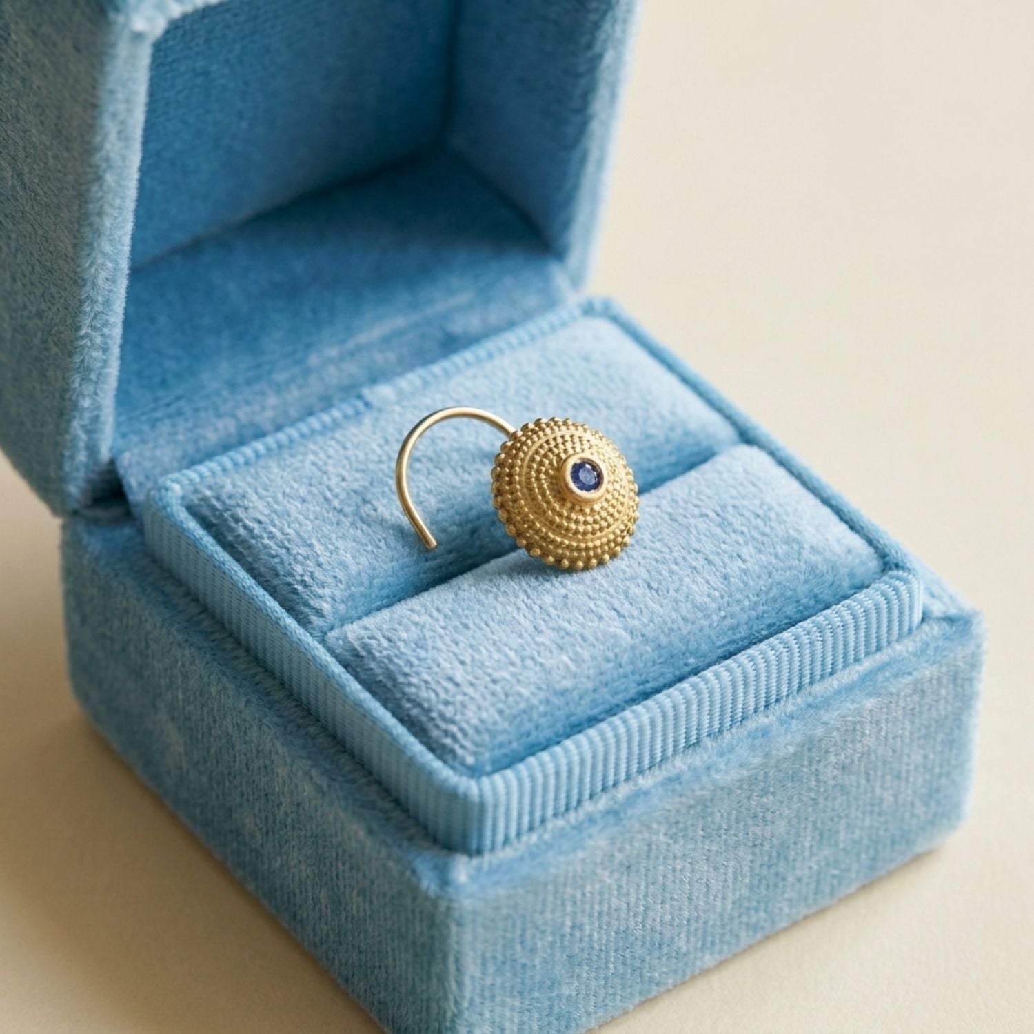 Blue CZ Textured Circular Ethnic Nose Pin – 925 Sterling Silver Yellow Plated