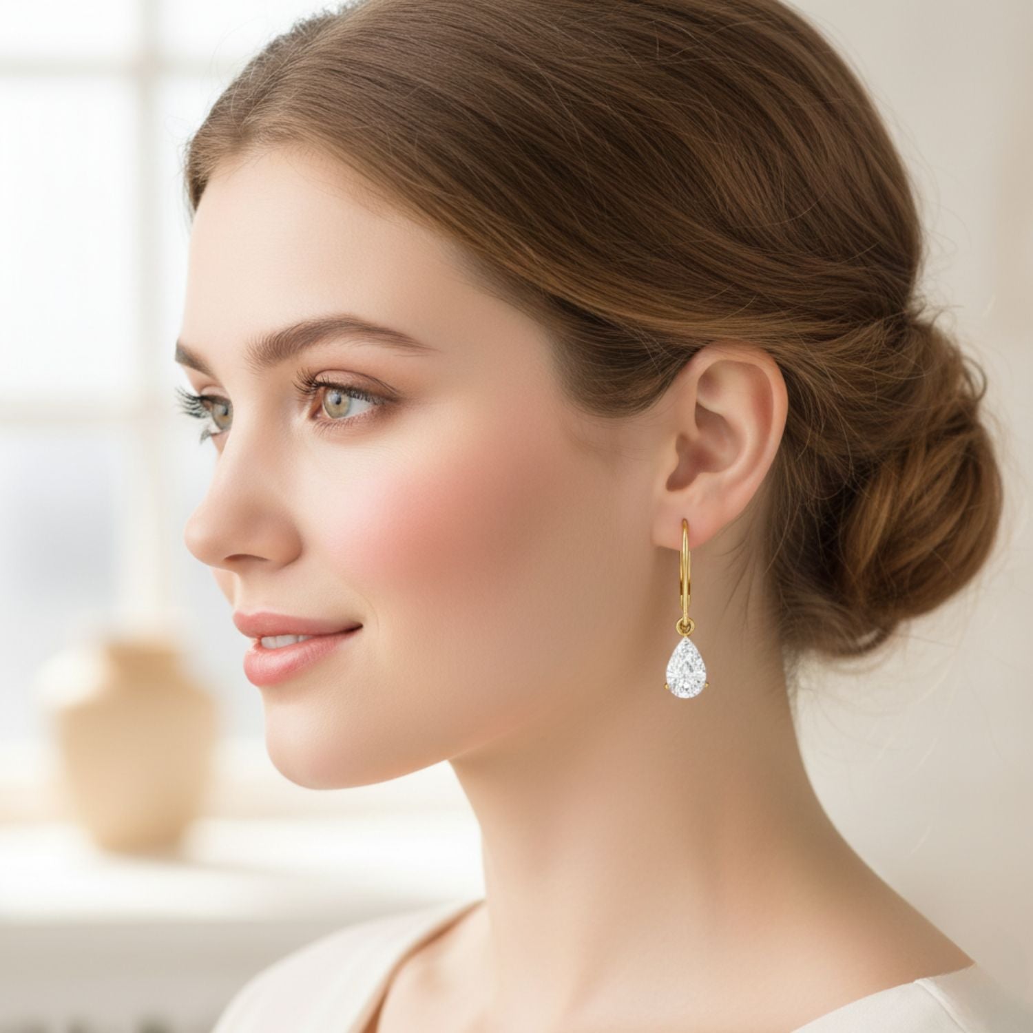 White CZ Pear Dangle Drop Earring - Sterling Silver Yellow plated