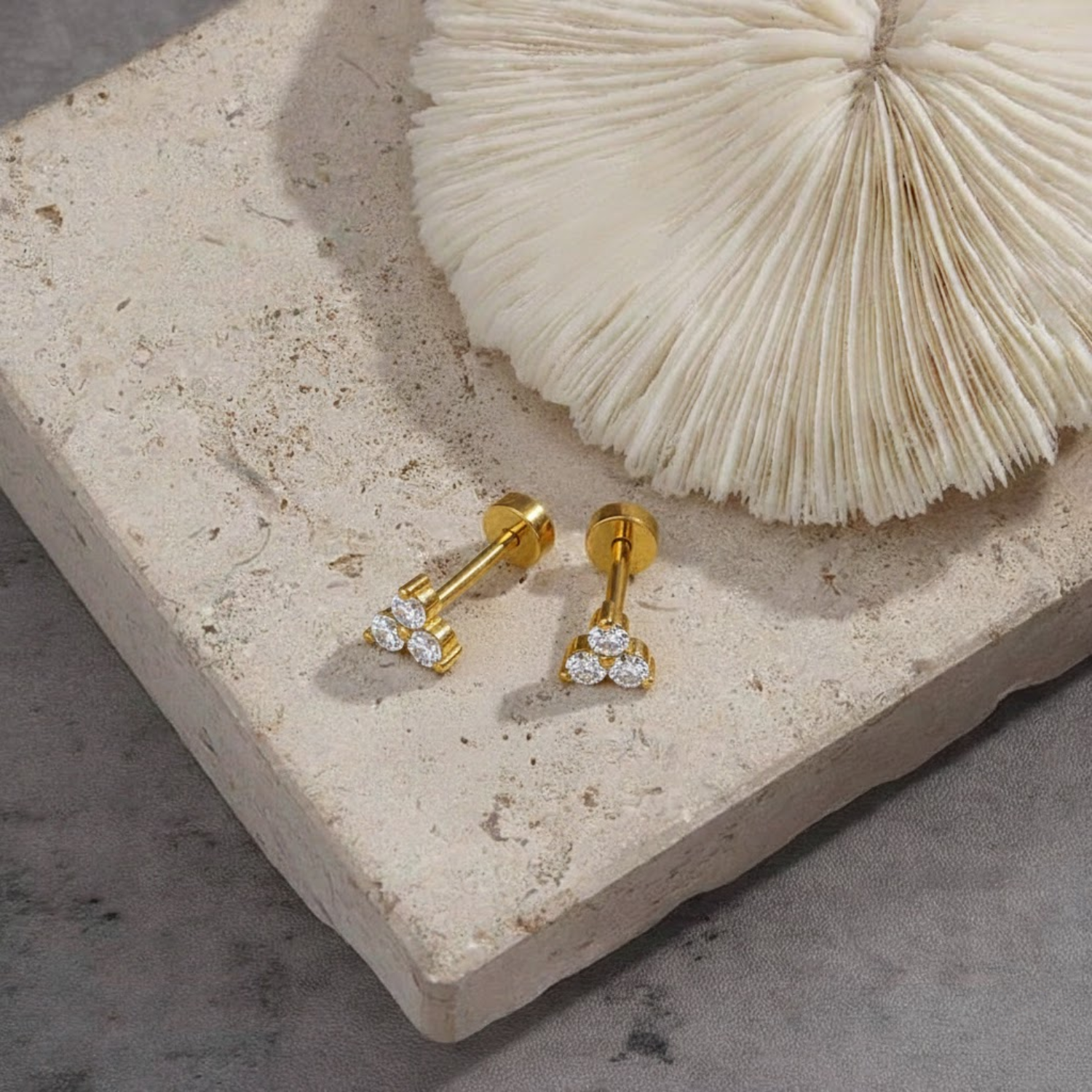 Triple Diamond Cluster Screw-Back Stud Earrings – Sterling Silver Gold Plated
