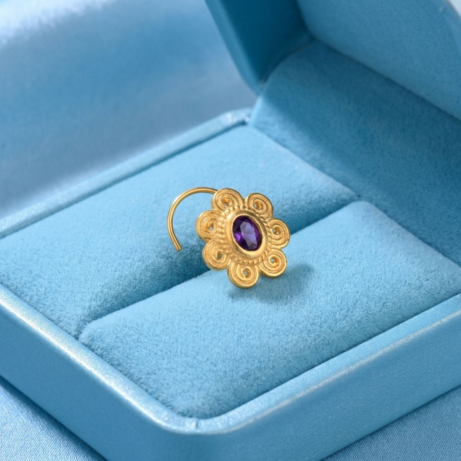 Spiral Petal Floral Nose Pin – 925 Sterling Silver Yellow Plated