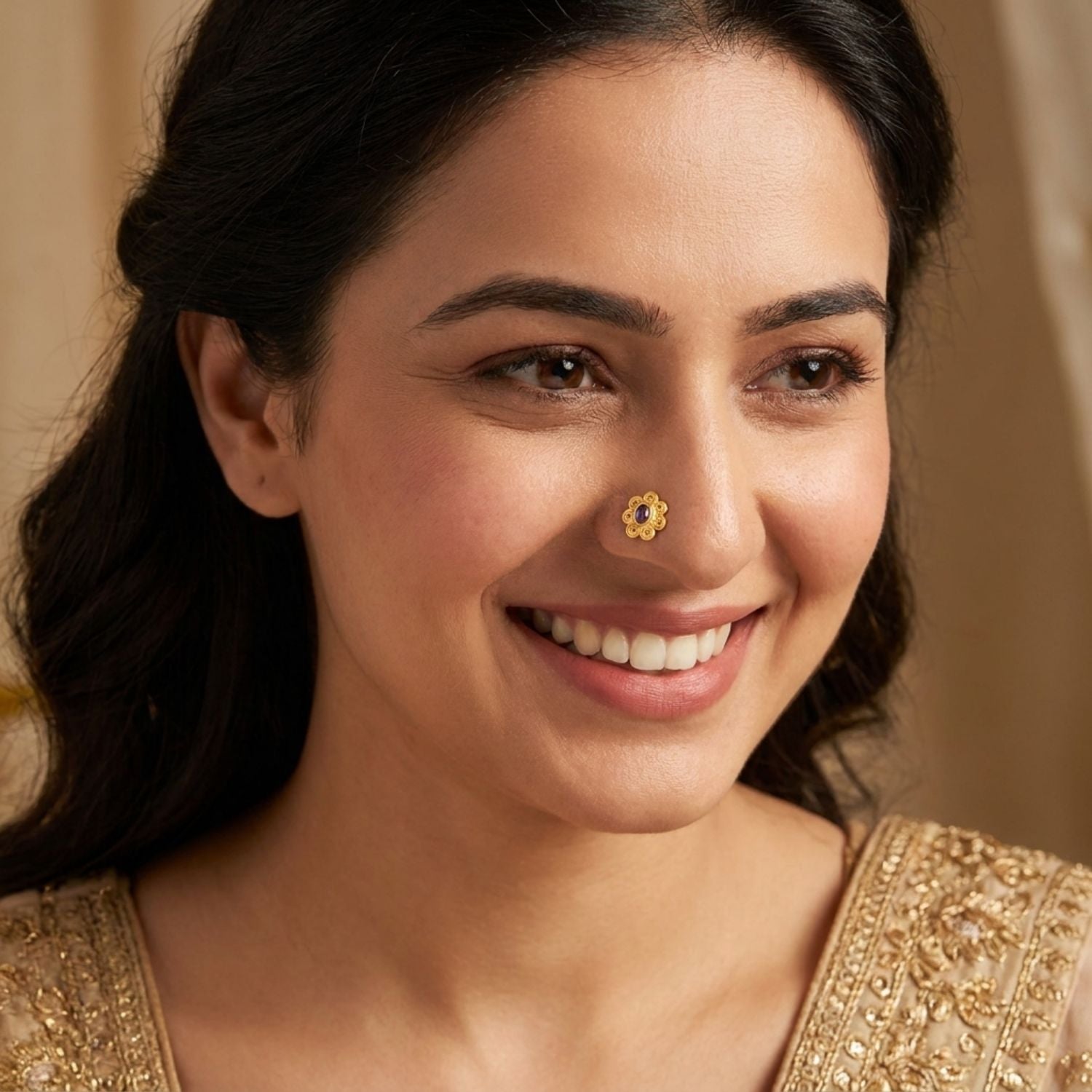 Spiral Petal Floral Nose Pin – 925 Sterling Silver Yellow Plated