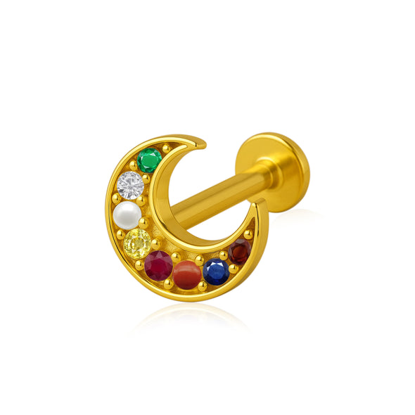 Navratna Crescent Moon Multigems Nose Pin – Sterling Silver Gold Plated