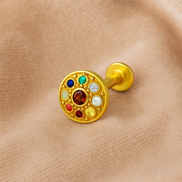 Navratna Round Mandala Multigems Nose Pin – Sterling Silver Gold Plated