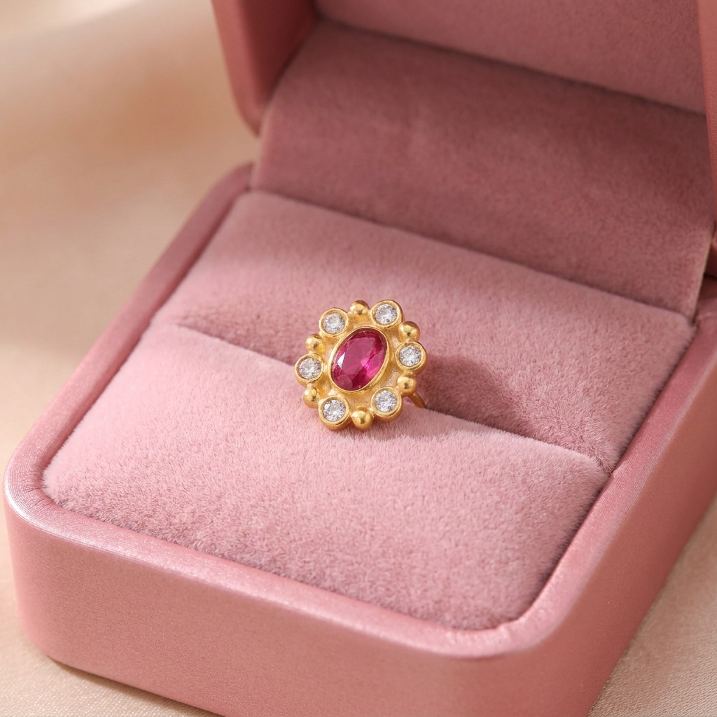 Multi Stone Oval Halo Floral Nose Pin – Gold Plated 925 Sterling Silver
