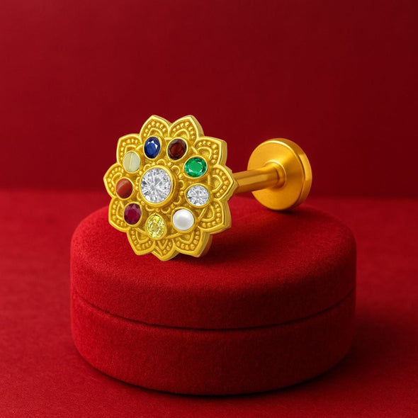 Navratna Lotus Floral Multi Gemstone Nose Pin – Sterling Silver Gold Plated