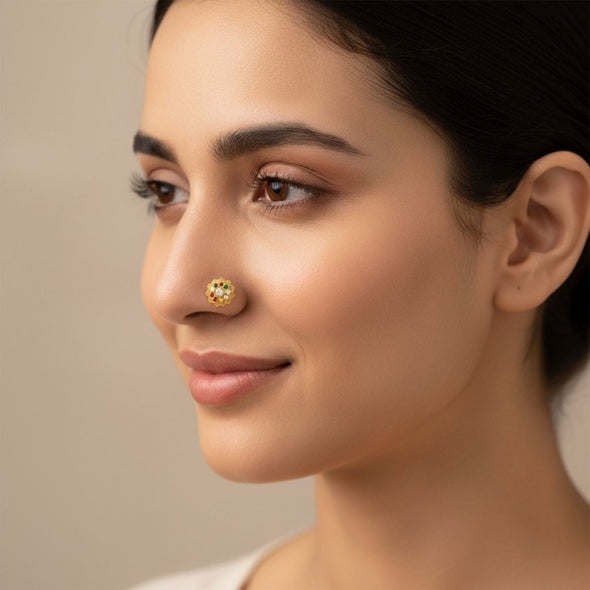 Navratna Lotus Floral Multi Gemstone Nose Pin – Sterling Silver Gold Plated