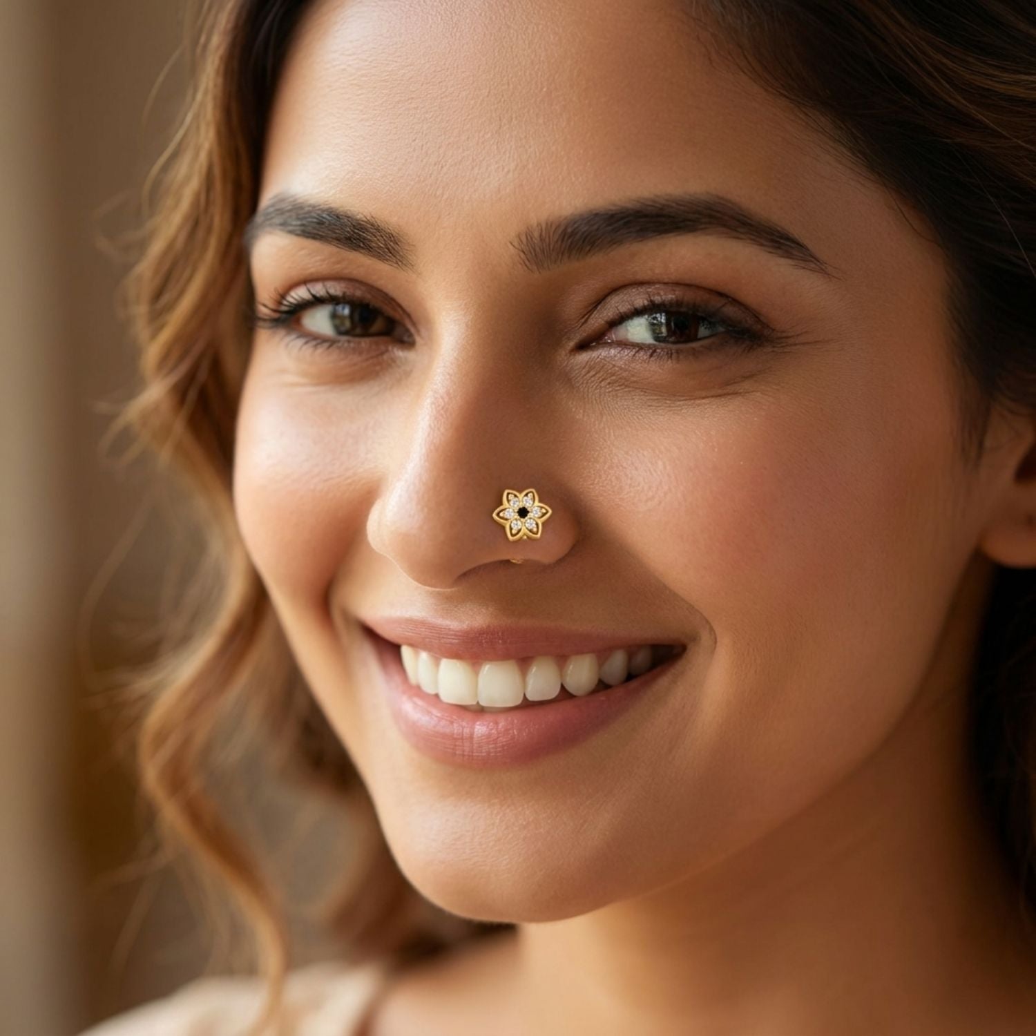 Multi Stone Floral Star Nose Pin – 925 Sterling Silver Yellow Plated