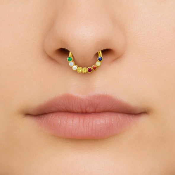 Navratna Nine Gemstone Crescent Septum Nose Pin – Sterling Silver Gold Plated