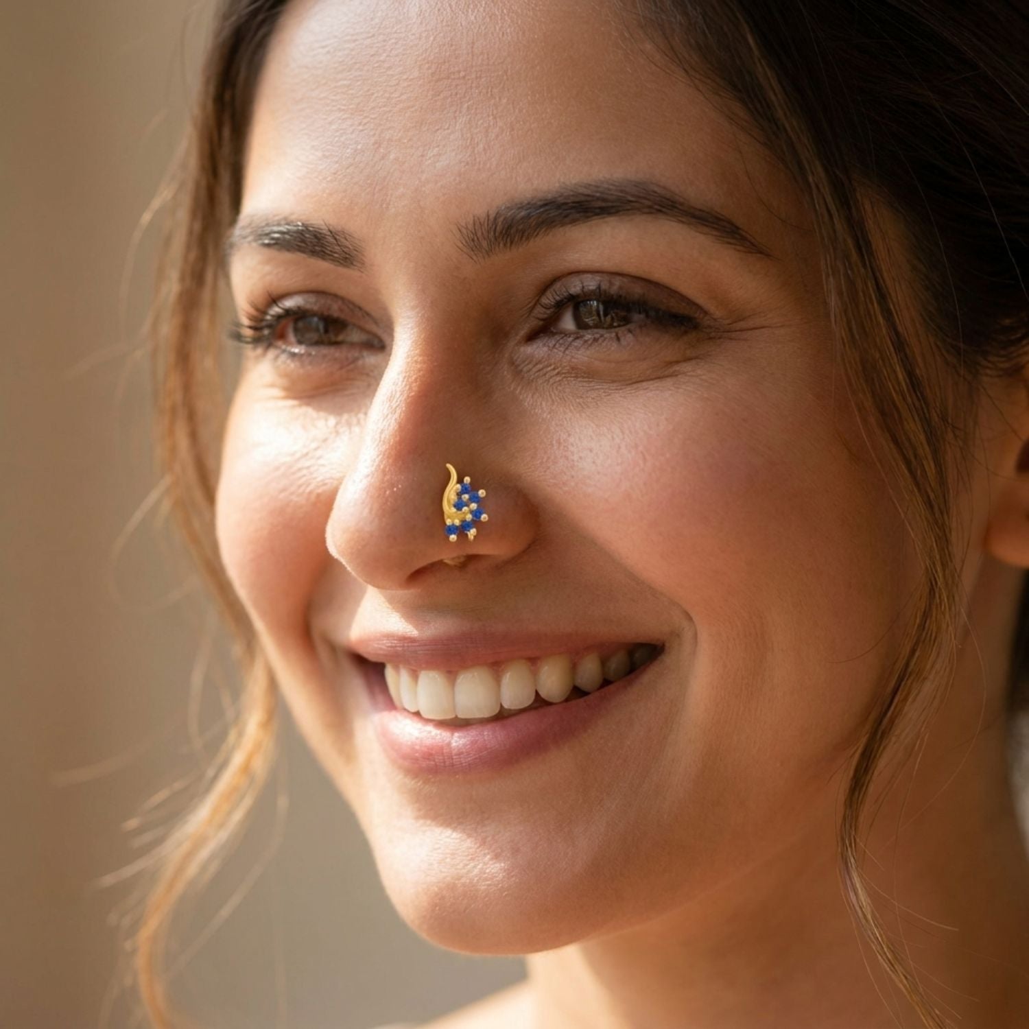 Multi Stone Curved Leaf Cluster Nose Pin – 925 Sterling Silver Yellow Plated