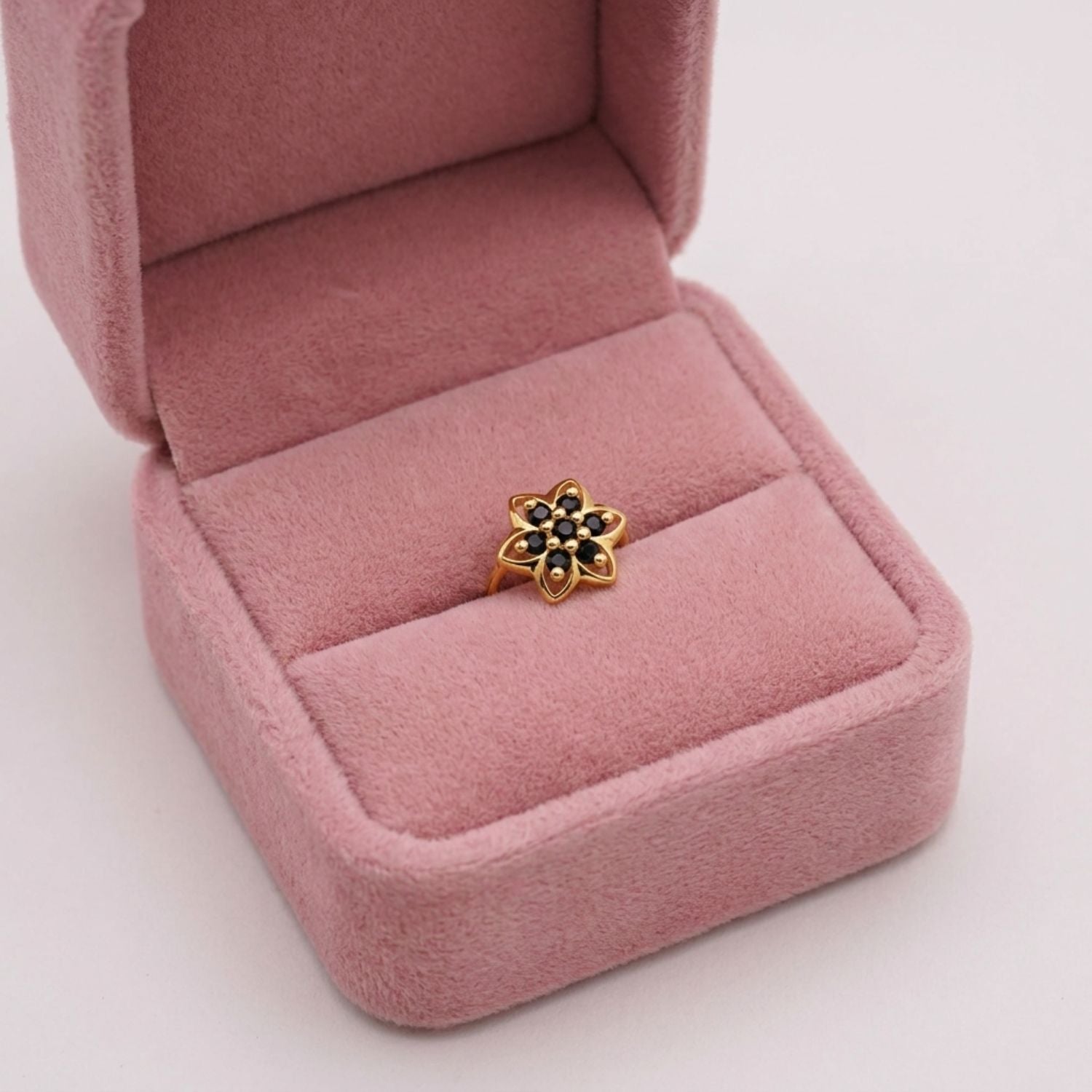 Black CZ Floral Star Cluster Nose Pin – 925 Sterling Silver Yellow Plated