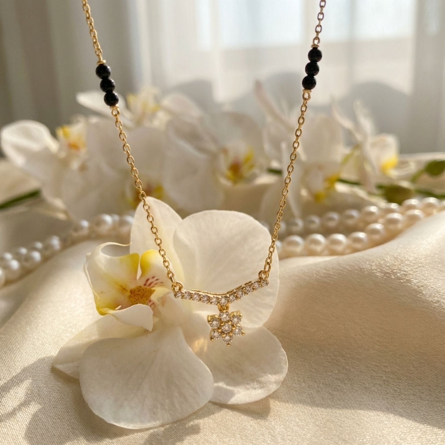 Floral V-Shape Mangalsutra – Sterling Silver Gold-Plated