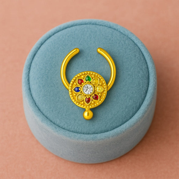 Navratna Floral Mandala Multi Gemstone Septum Nose Pin – Sterling Silver Gold Plated