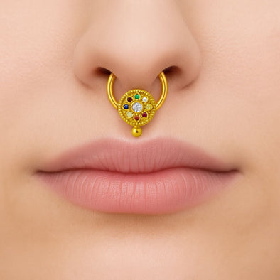 Navratna Floral Mandala Multi Gemstone Septum Nose Pin – Sterling Silver Gold Plated