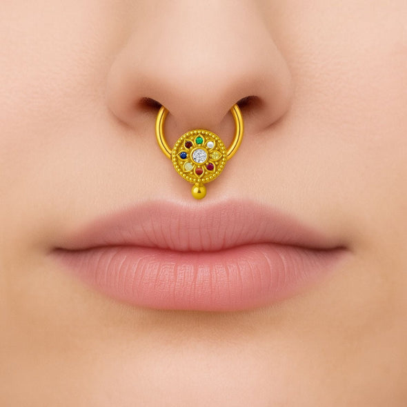Navratna Floral Mandala Multi Gemstone Septum Nose Pin – Sterling Silver Gold Plated