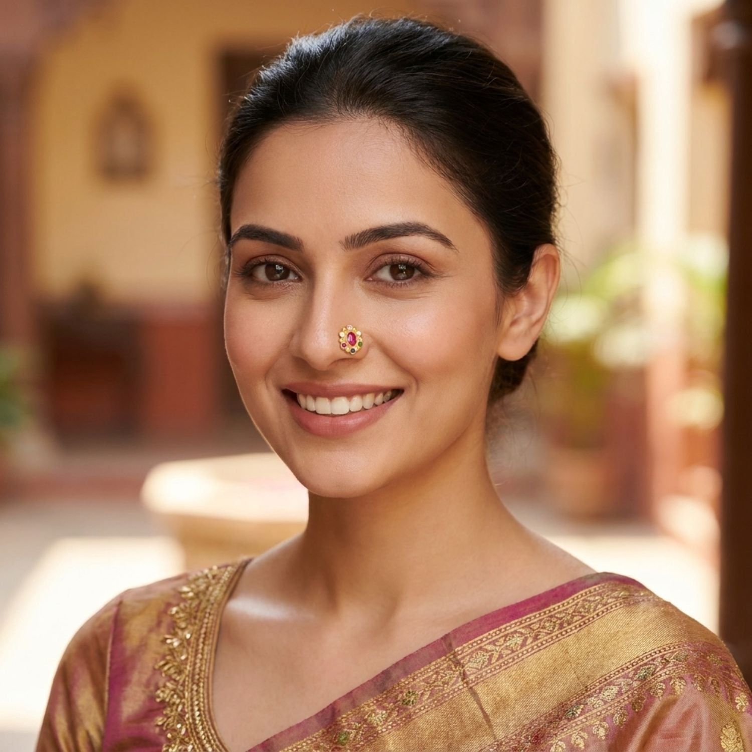 Multi Stone Oval Center Halo Floral Nose Pin – Gold Plated 925 Sterling Silver