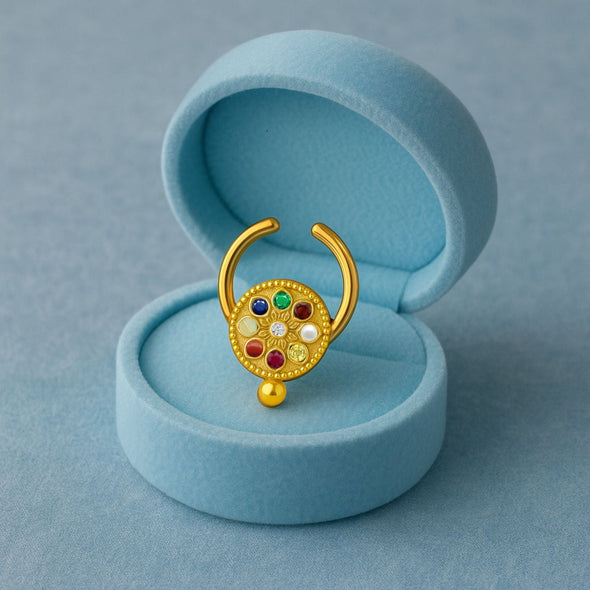 Navratna Classic Mandala Multi Gemstone Septum Nose Pin – Sterling Silver Gold Plated