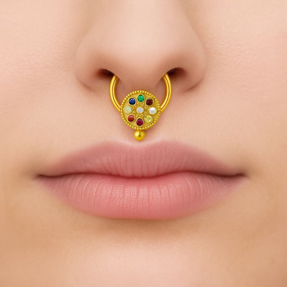 Navratna Classic Mandala Multi Gemstone Septum Nose Pin – Sterling Silver Gold Plated