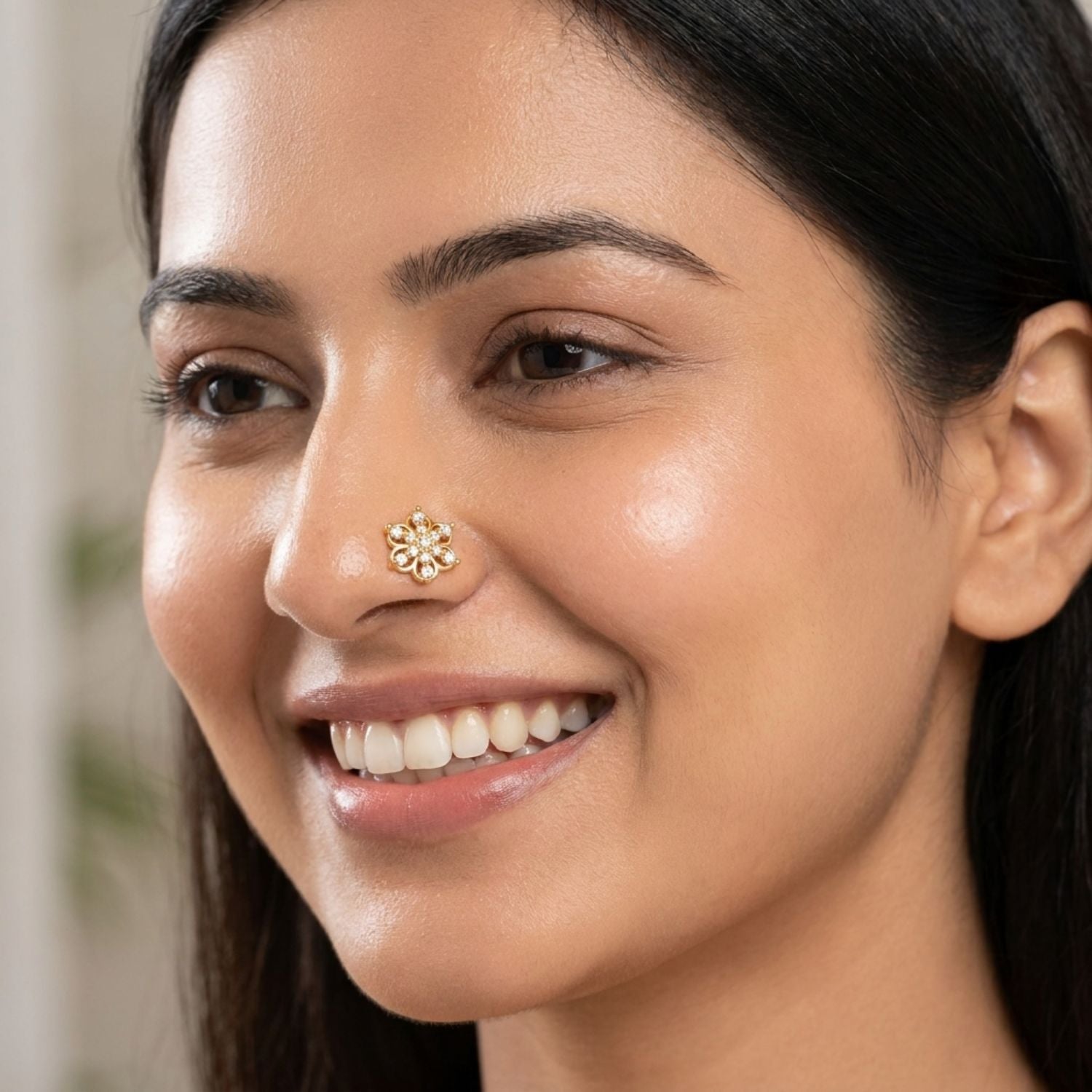 White CZ Floral Mandala Cluster Nose Pin – 925 Sterling Silver Yellow Plated