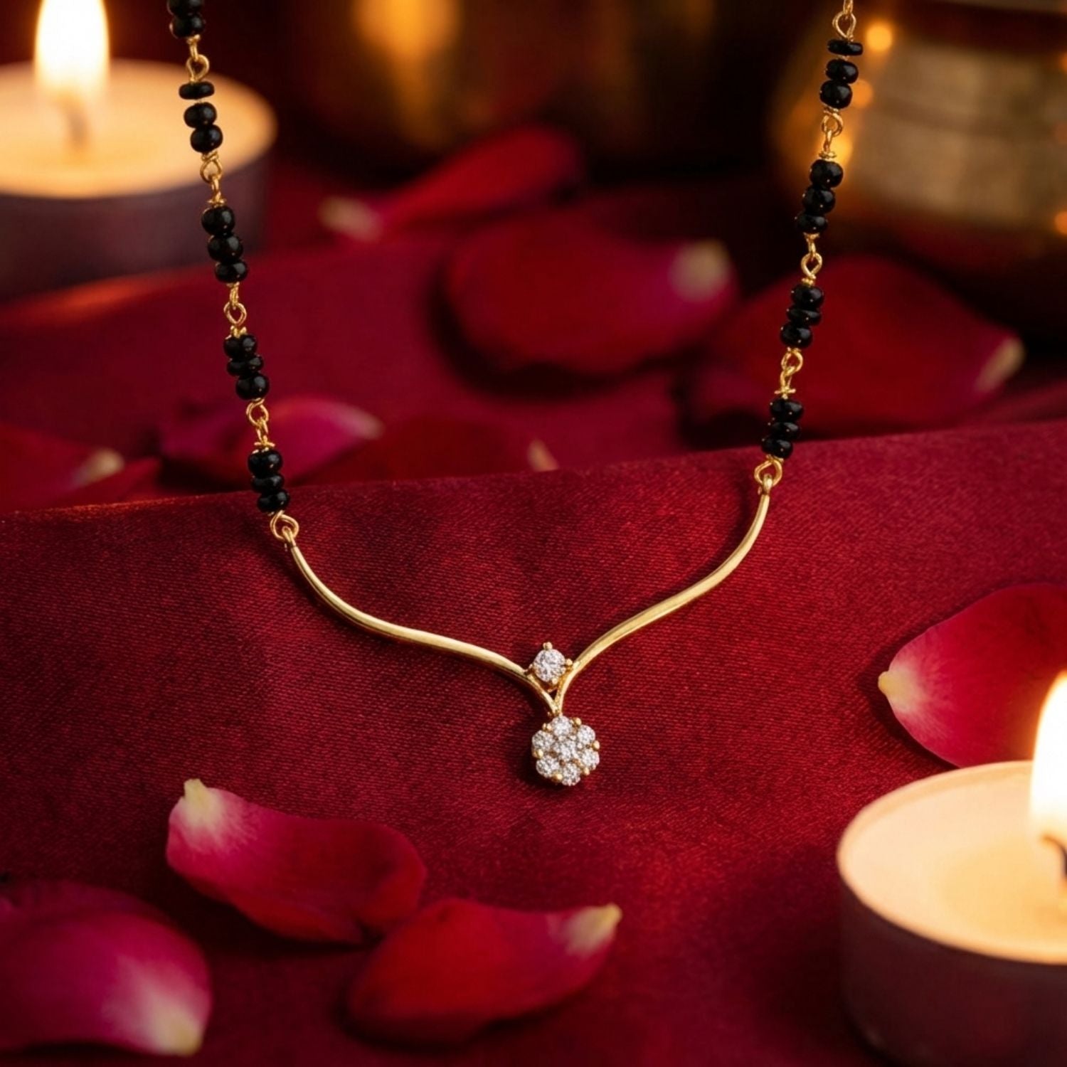 V-Shaped Floral Pendant Mangalsutra – Sterling Silver Gold Plated