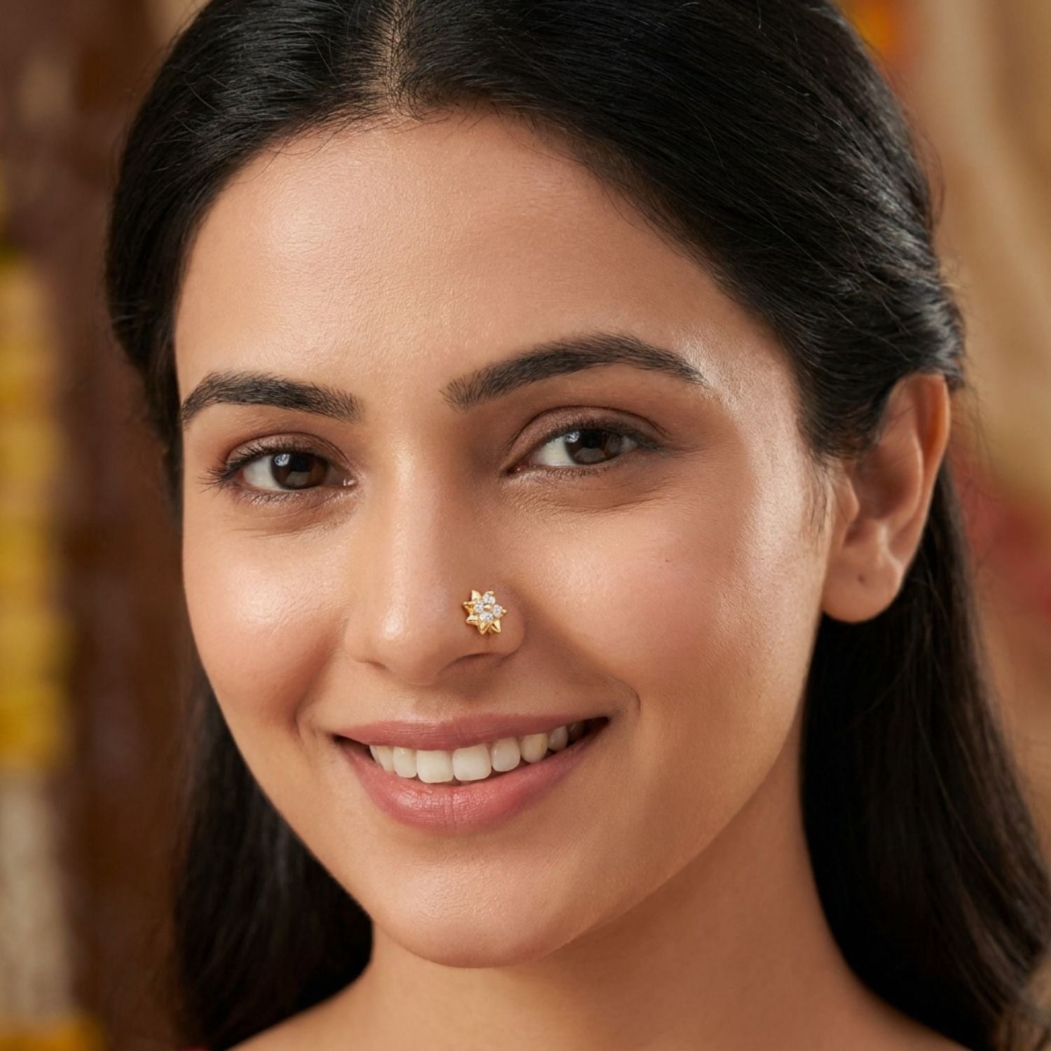 White CZ Floral Star Minimal Nose Pin – 925 Sterling Silver Yellow Plated