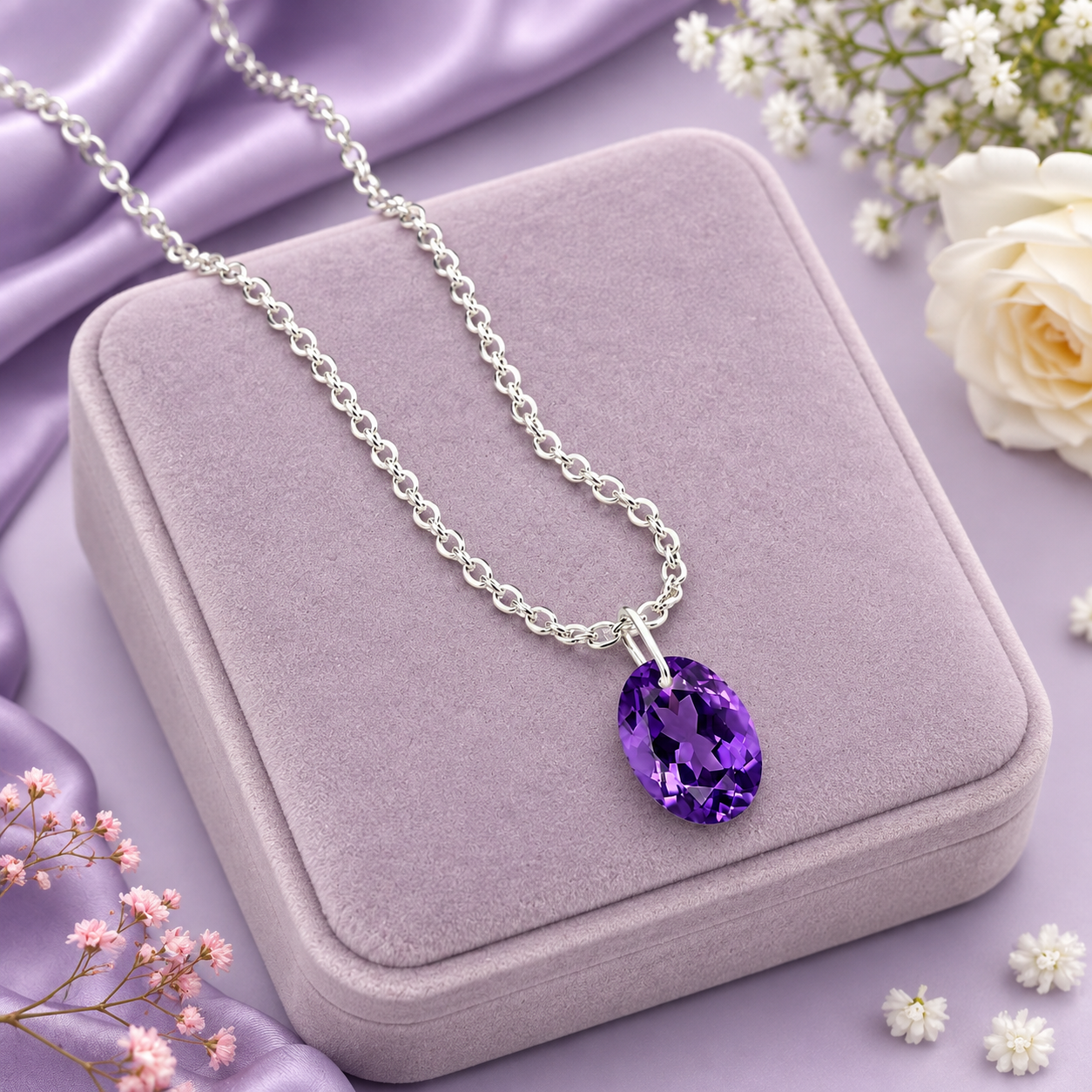 Oval Amethyst Solitaire Necklace - 925 sterling Silver