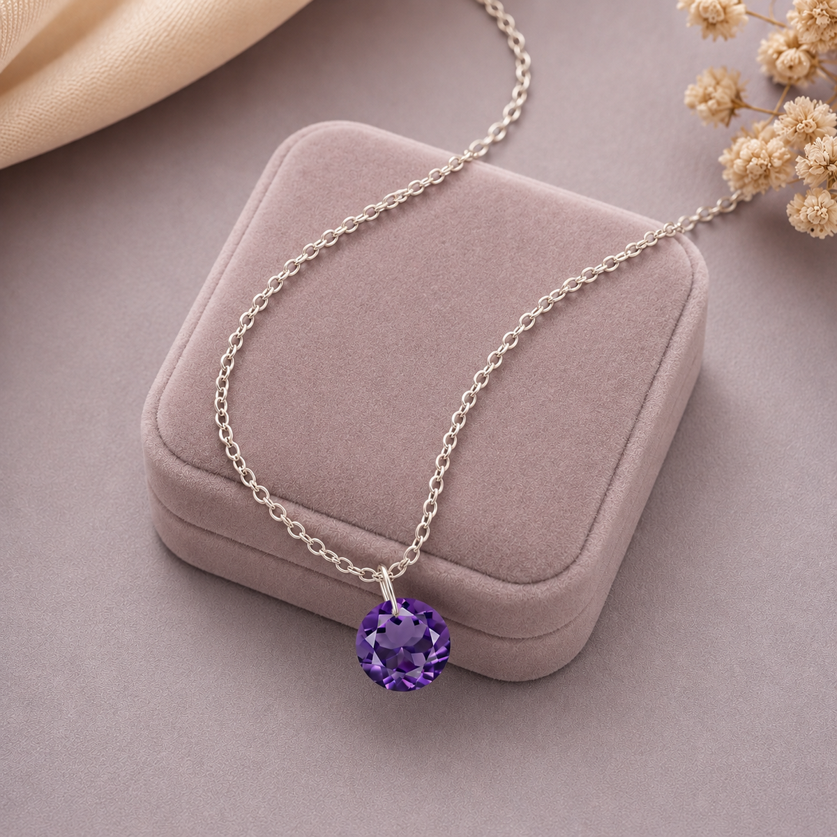 Round Amethyst Solitaire Necklace - 925 sterling Silver