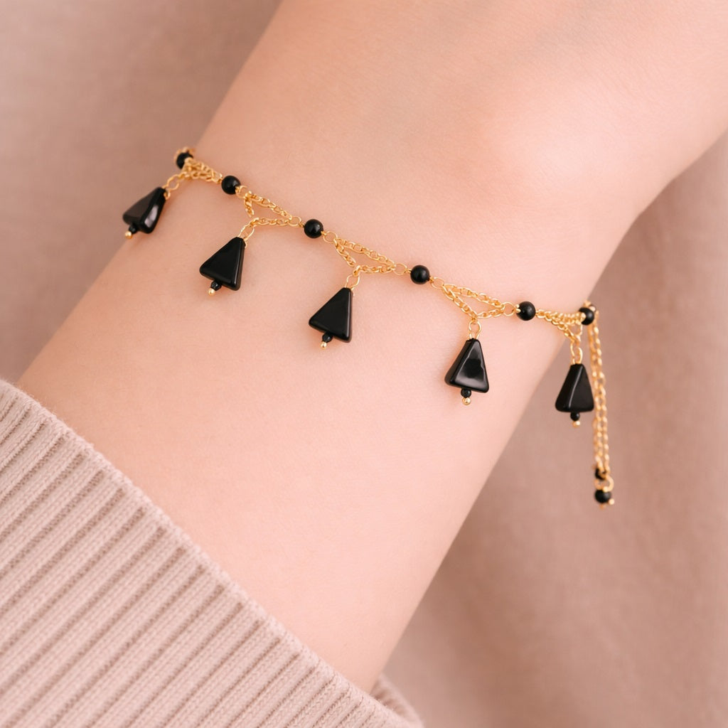 Black Bead & Triangle Charm Bracelet - 925 Silver Gold Plated