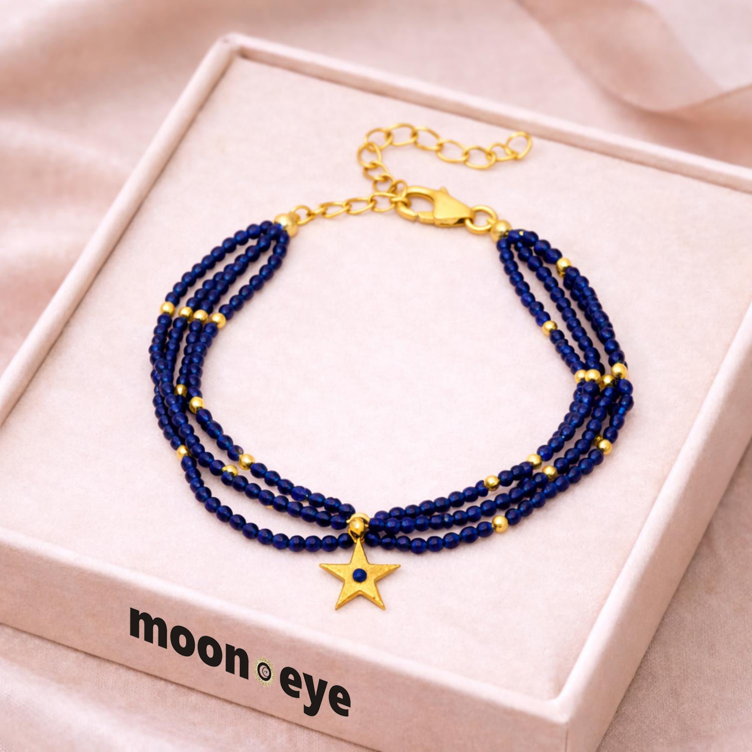 Blue Beaded Star Charm Bracelet  - 925 Silver Gold Plated