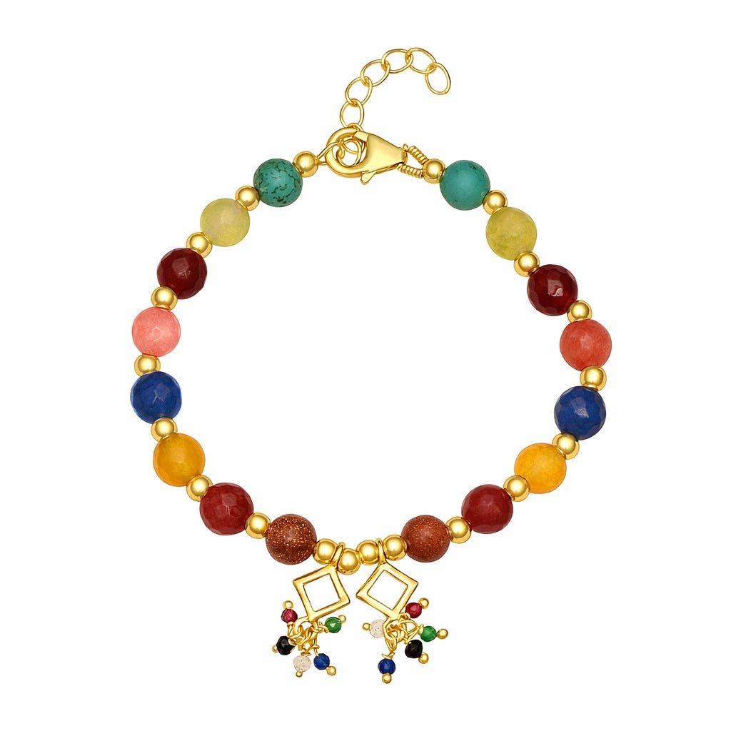 Multi Color Bead Charm Bracelet - 925 Silver Gold Plated