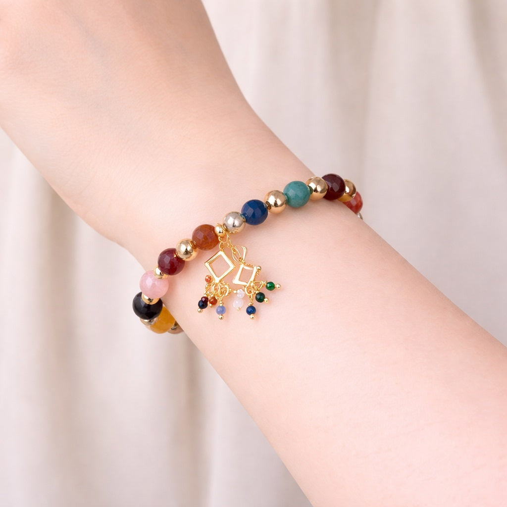 Multi Color Bead Charm Bracelet - 925 Silver Gold Plated