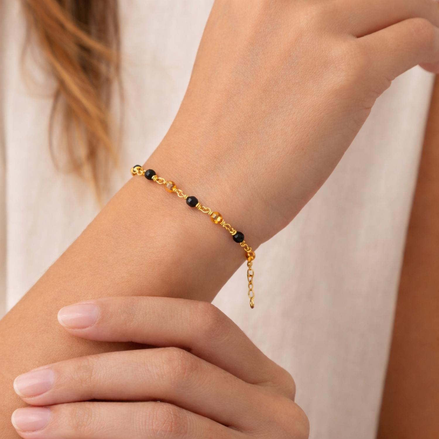 Black & Gold Beaded Charm Bracelet - 925 Silver Gold Plated