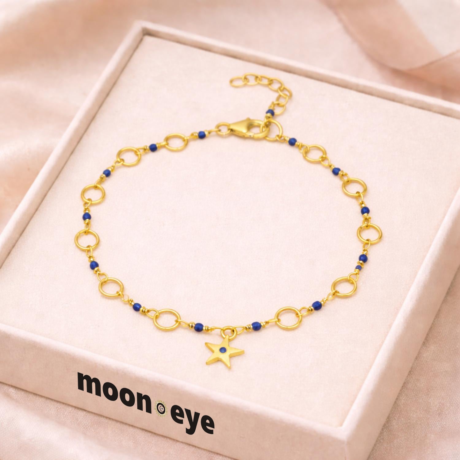 Blue Bead Star Charm Bracelet - 925 Silver Gold Plated