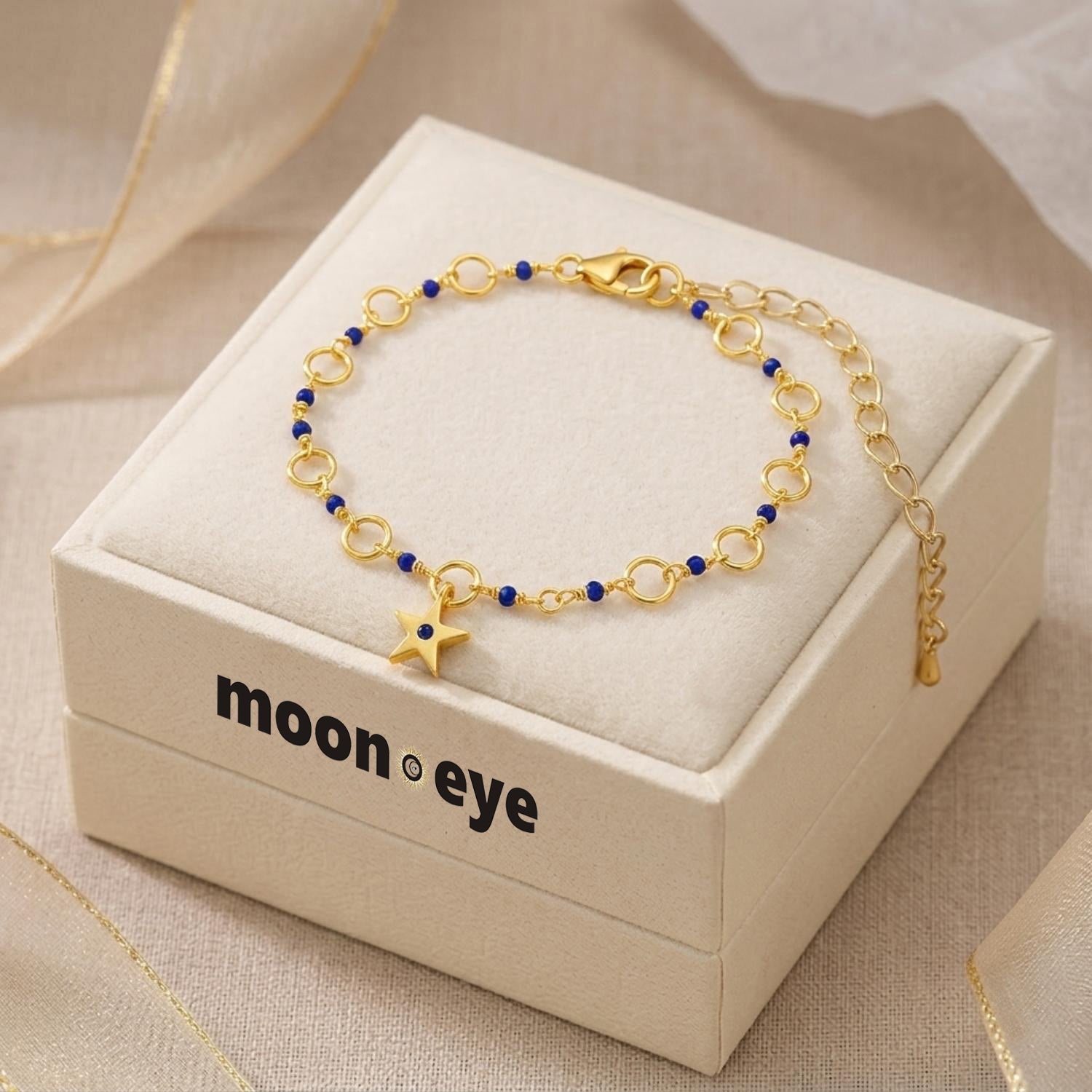 Blue Bead Star Charm Bracelet - 925 Silver Gold Plated