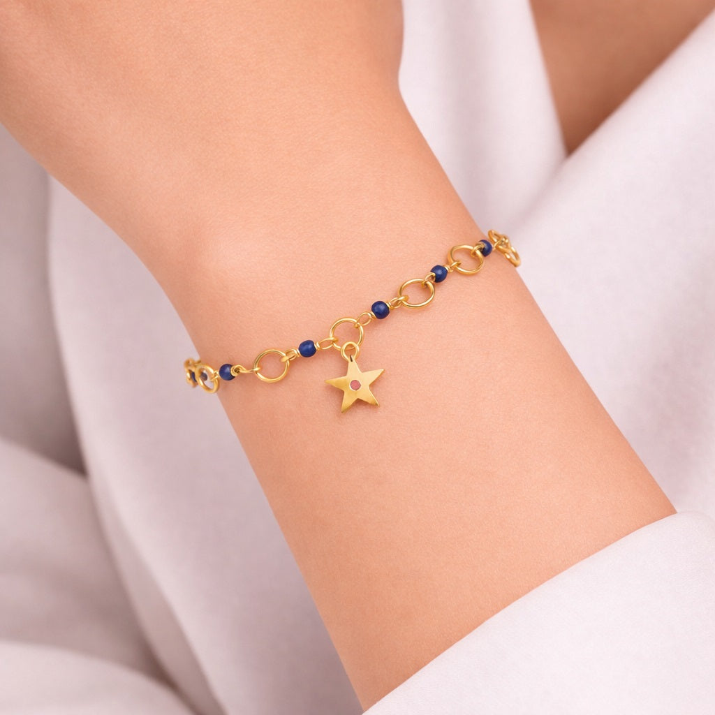 Blue Bead Star Charm Bracelet - 925 Silver Gold Plated