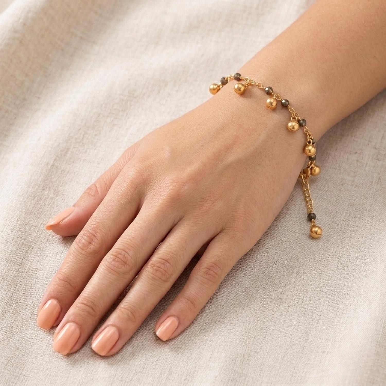 Smoky Bead Charm Bracelet - 925 Silver Gold Plated